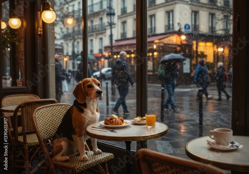Wallpaper Mural Beagle dog sitting at cafe table on rainy day in city, enjoying pastry and orange juice, perfect for advertising cafes, pets, dog ownership and bakery products Torontodigital.ca