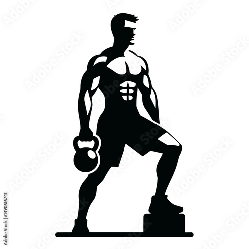 Monochrome vector illustration of crossfitter with a kettlebell FULL LENGTH  - bold black outlines  flat icon style 