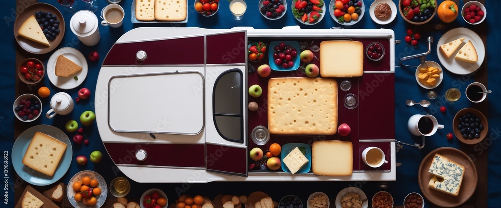 Cheese variety. Food background with motor home. Travel and cuisine.