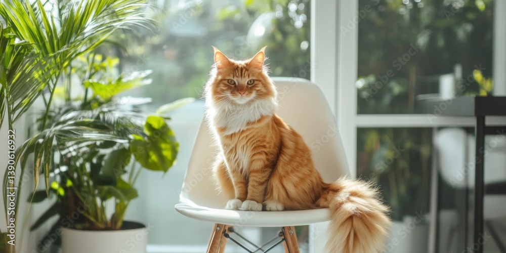 A charming ginger cat sits gracefully on a stylish chair in a bright indoor space. Its vibrant fur contrasts beautifully with the surrounding greenery. A perfect blend of nature and design. AI
