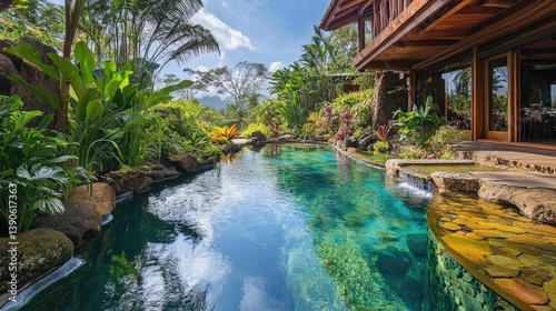 Tranquil Backyard Oasis with Lush Tropical Plants and Serene Swimming Pool Under Clear Blue Sky