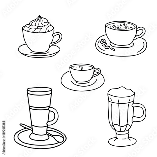 Coffee Set. Cappuccino, Americano or Espresso, with whipped Cream, Latte, Irish or Iced Coffee cocktail cups. Ink drawing in Doodle style. Ideal for beverage branding, cafe menu and graphic design
