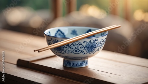 On a ceramic bowl with a motif lies a pair of chopsticks