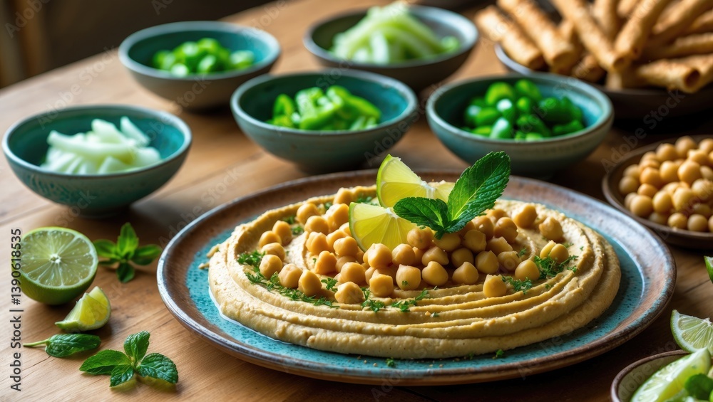 Freshly made hummus served in a ceramic plate with chickpeas, lime, and mint. Freshly made hummus served in a ceramic plate with chickpeas, lime, and mint.