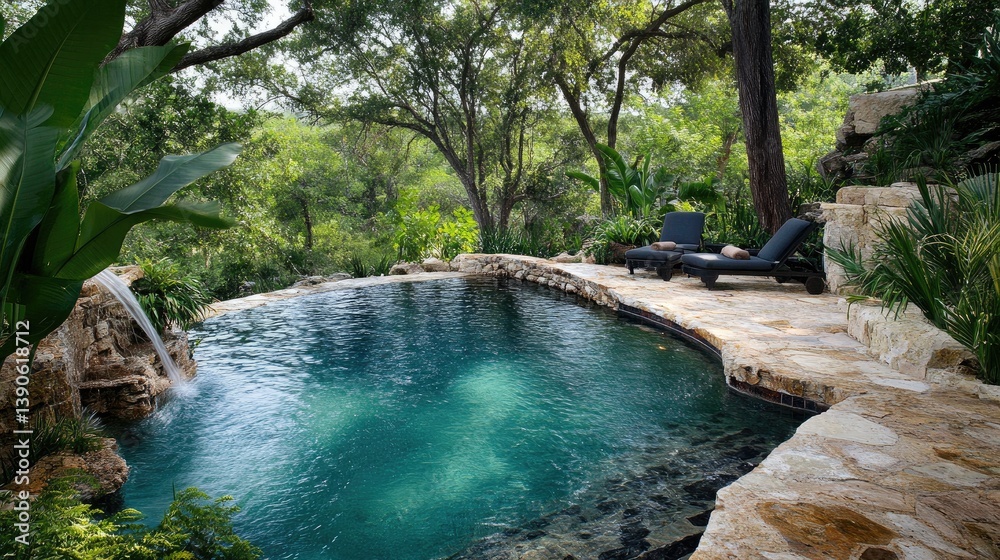 Naklejka premium Tranquil Outdoor Oasis with Relaxing Pool Surrounded by Lush Greenery and Natural Stone Features in a Private Garden Setting