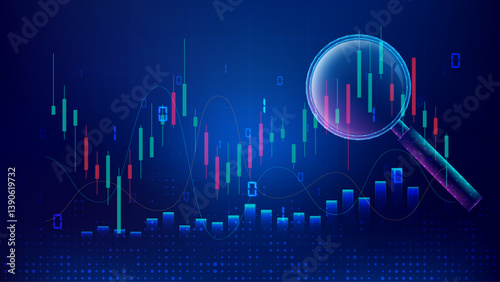Trade war. Stock market candlestick chart with magnifying glass vector background for financial trading or stock exchange concept on blue digital technology style background.