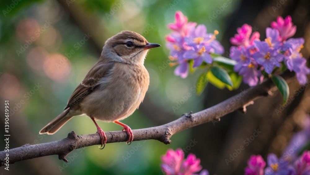 Fototapeta premium A small bird is perched on a branch of a tree, seemingly singing with its beak wide open