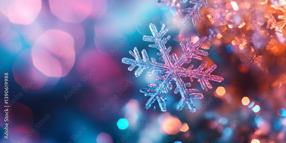 A beautiful snowflake hangs delicately against a vibrant, colorful background. The focus is sharp, showcasing intricate details of the snowflake. Ideal for winter and holiday designs. AI