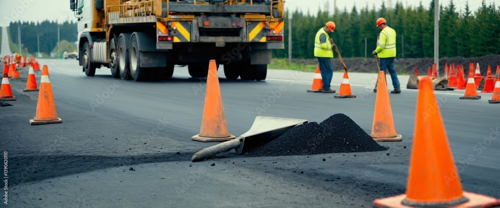 Road construction crew paving fresh asphalt with heavy machinery