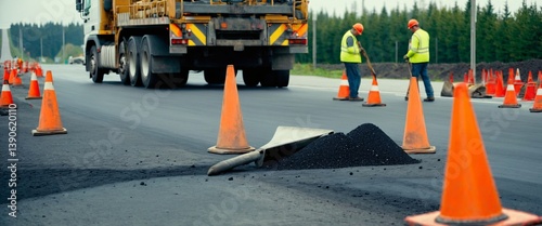 Road construction crew paving fresh asphalt with heavy machinery