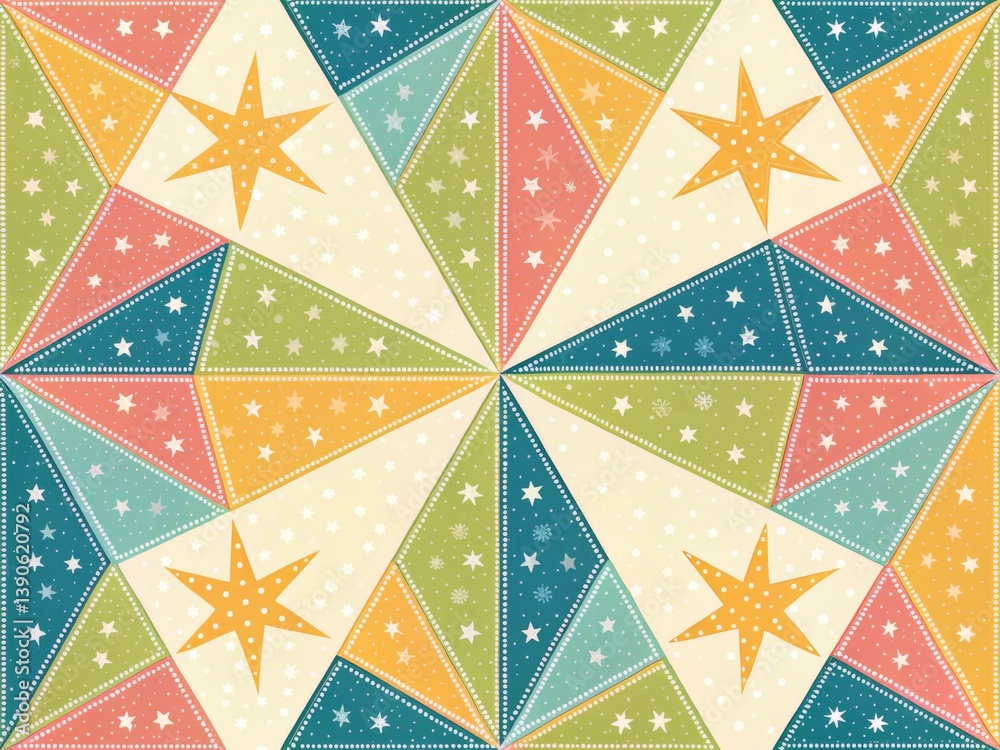 This cheerful and festive repeating pattern features a patchwork design of triangles in various pastel colors—soft pinks, greens, blues, and yellows—on a cream-colored background. This cheerful and festive repeating pattern features a patchwork design of triangles in various pastel colors—soft pinks, greens, blues, and yellows—on a cream-colored background.