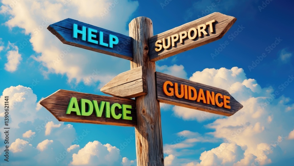 Wooden signpost adorned with four arrows - help, support, advice, guidance. Suitable for discussions on customer support, assistance, and business presentations.