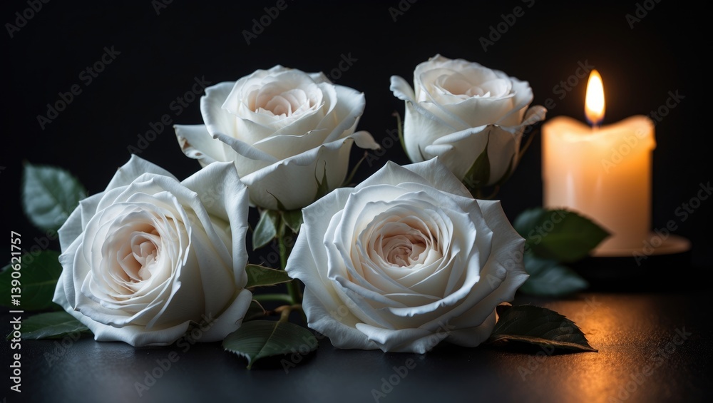 Obraz premium Flowers and a candle on a tabletop with a black background, ideal for a condolence card.