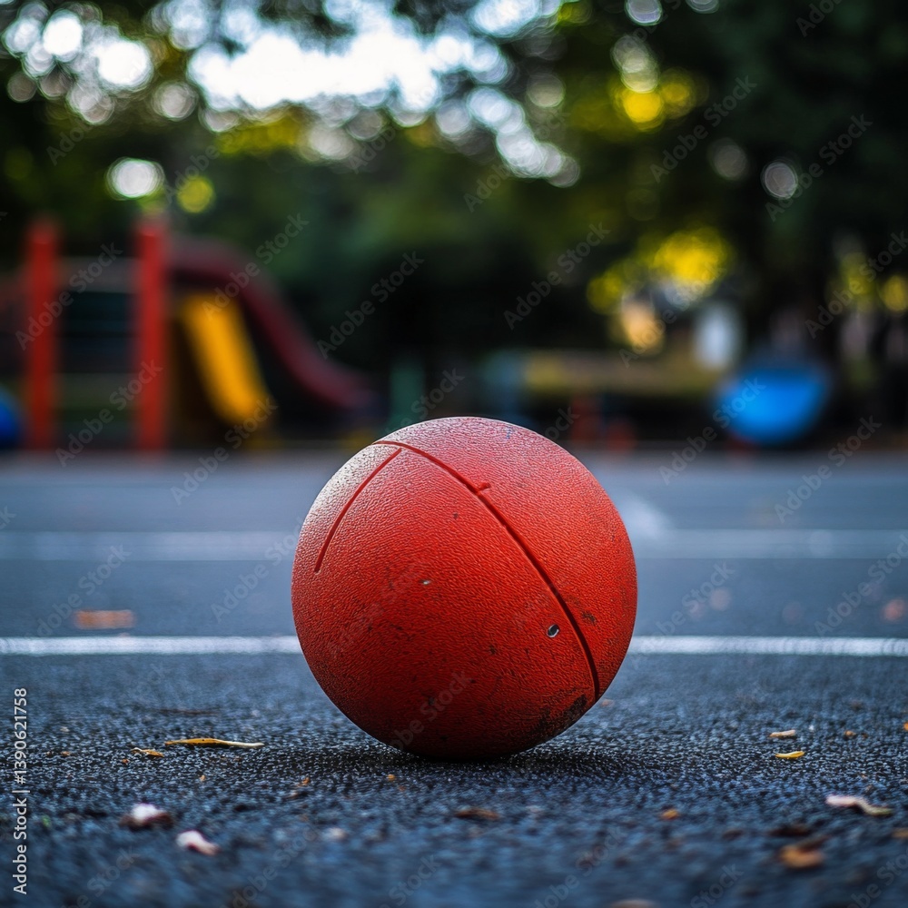 A vibrant red ball on a playground surface. This image captures the essence of childhood playfulness and outdoor fun. Perfect for illustrating sports or recreational themes. AI