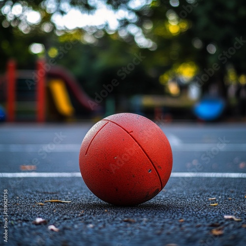Obraz na płótnie A vibrant red ball on a playground surface. This image captures the essence of childhood playfulness and outdoor fun. Perfect for illustrating sports or recreational themes. AI w salonie