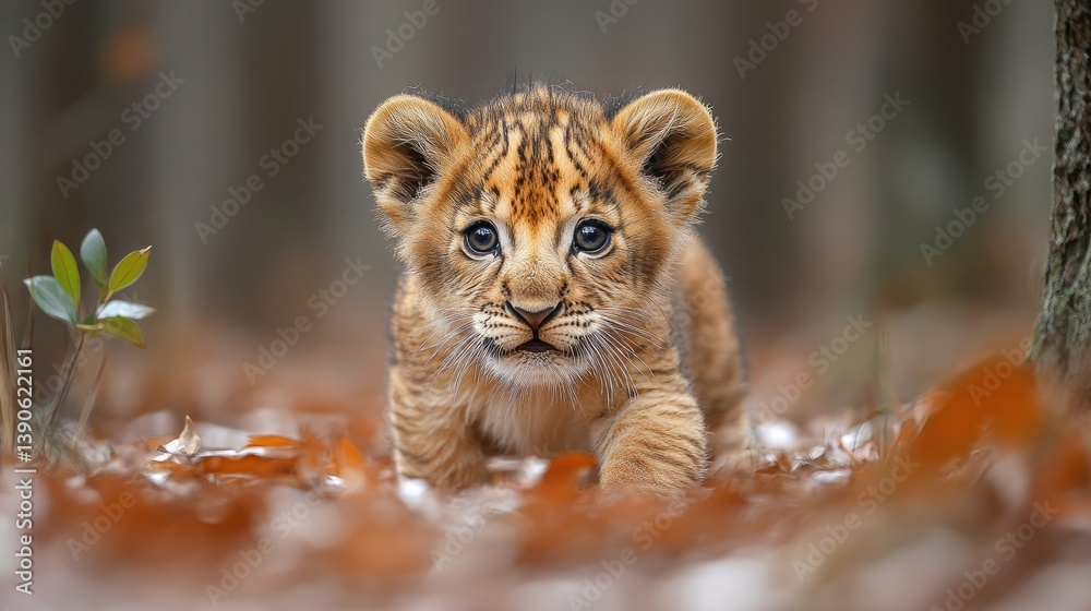 Obraz premium Young lion cub exploring a forest floor covered in autumn leaves, with trees in the background