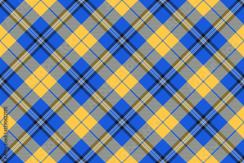 Funky background seamless plaid, vichy vector check tartan. Trim textile pattern texture fabric in blue and amber colors.