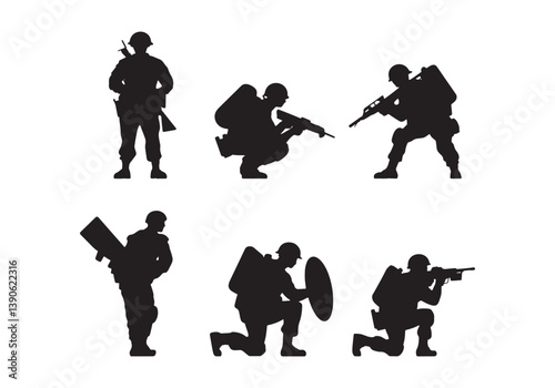 Soldier silhouette icons - Set of six military poses with weapons and tactical gear