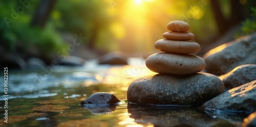 Sunlit cairn of polished stones by clear, swift river , relaxation, water, scenic