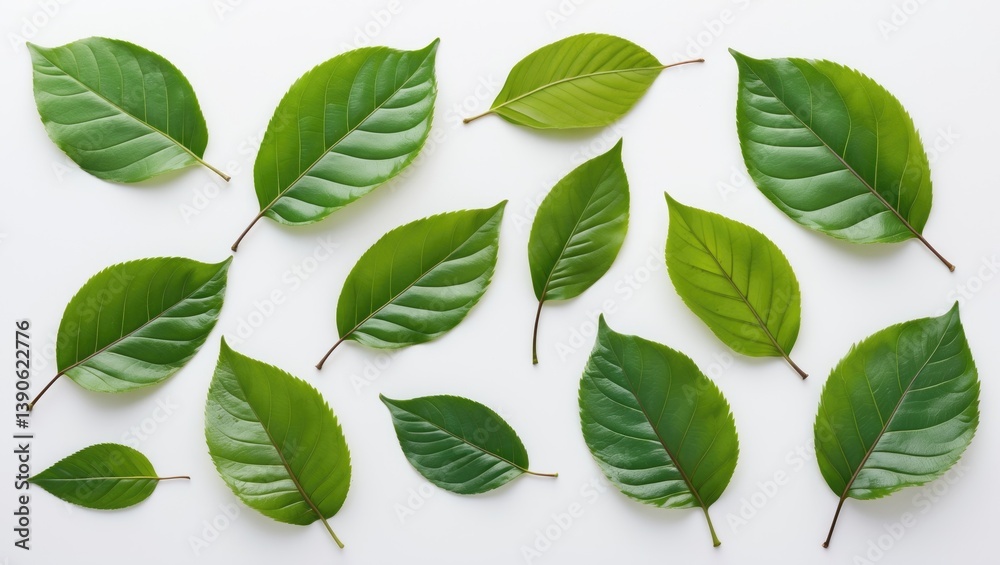 Fototapeta premium Collection of isolated cherry leaves on white backdrop with clipping path.