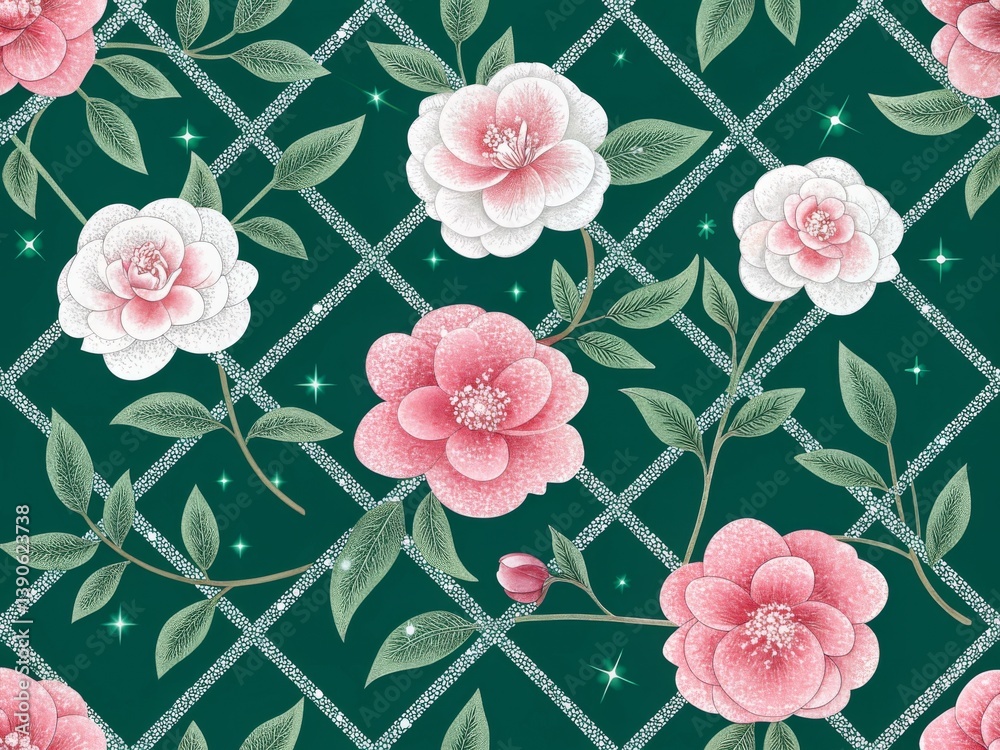 Fototapeta Elegant Camellia Floral Pattern on a Deep Green Background with Sparkling Diamonds