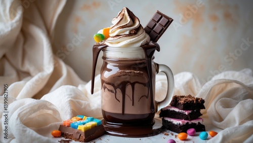 Chocolate-overloaded milkshake featuring brownie cake, marshmallow, and treats. The outrageous freakshake craze. photo