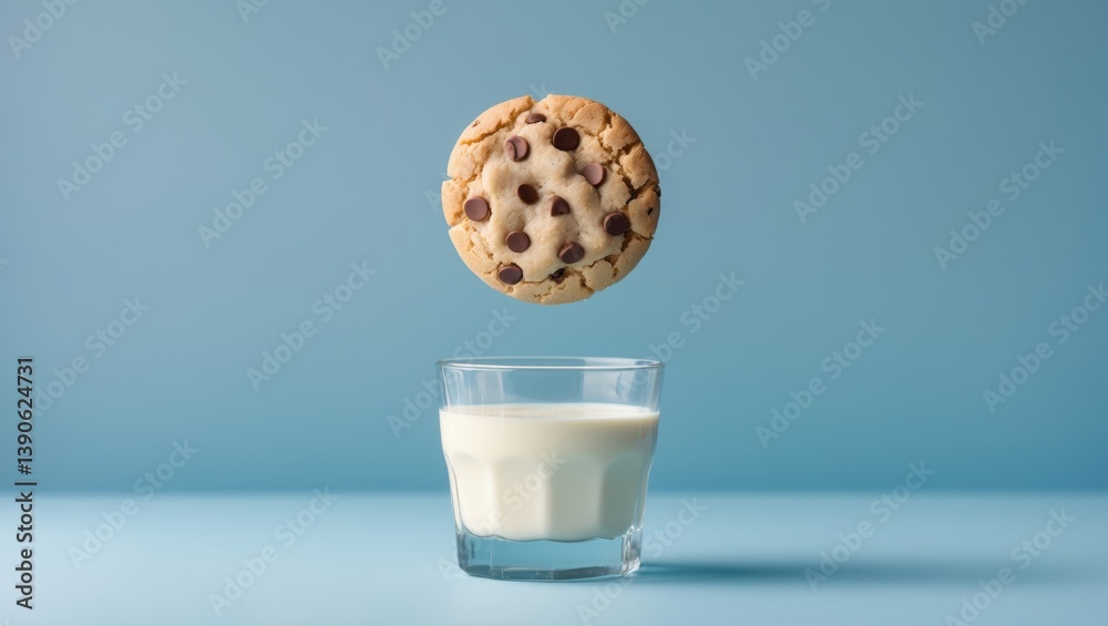 A chocolate chip cookie is levitating above a glass of milk set against a blue background. Confectionery concept. A chocolate chip cookie is levitating above a glass of milk set against a blue background. Confectionery concept.