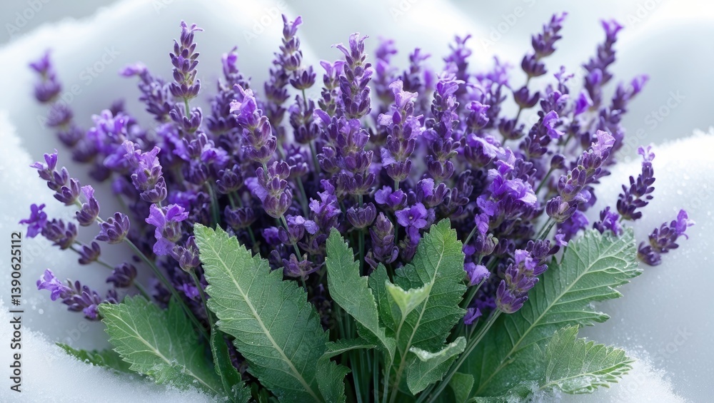 Naklejka premium A macro image of a lavender stem with violet flowers and green leaves, placed on a white background.