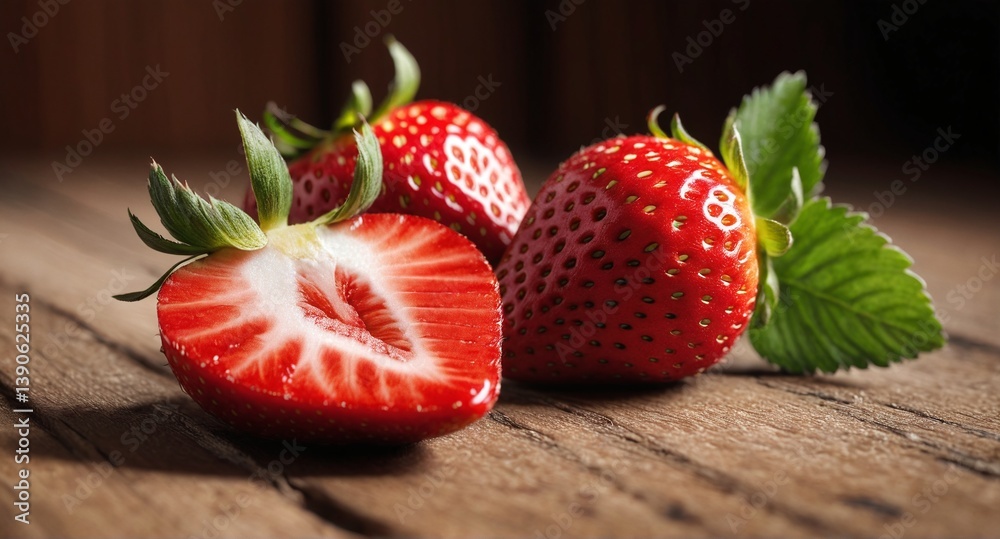 Fresh strawberry fruits on wooden table.