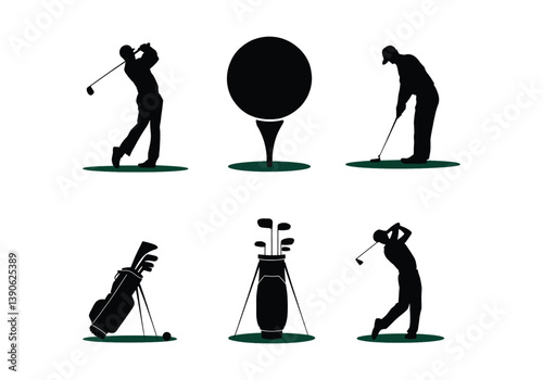 Golf silhouette icons - Set of six golf action poses with clubs, balls, and tees for sports designs