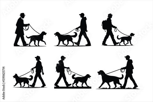people walking dogs silhouette vector 