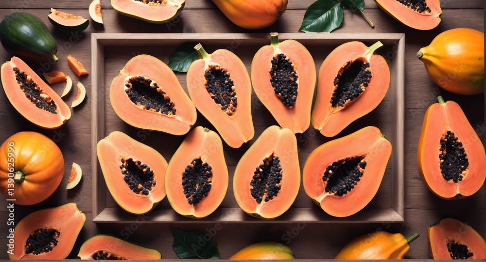 Cut papaya with seeds on wooden table. Healthy fruit. Top view