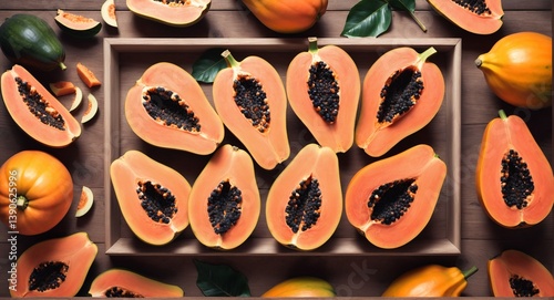 Obraz na płótnie Cut papaya with seeds on wooden table. Healthy fruit. Top view w salonie