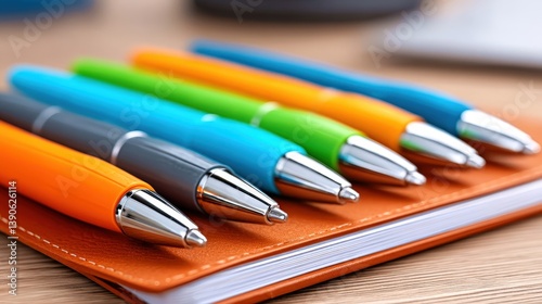Close-up view of a planner with colorful pens for daily tasks and organization in a cozy workspace setting