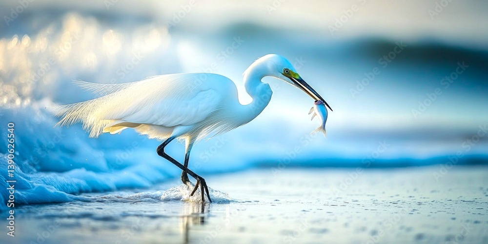 A graceful white egret stands in shallow water. It has a freshly caught fish in its beak. The background features soft waves and gentle colors. Perfect for nature and wildlife themes. AI