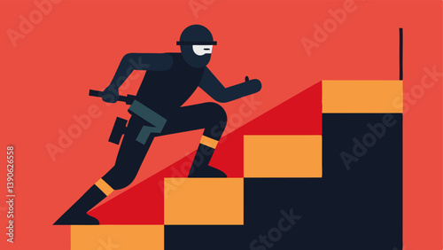Obstacle Course A SWAT member is navigating an obstacle course climbing over a wall while carrying tactical equipment. The course includes barriers and tunnels.
