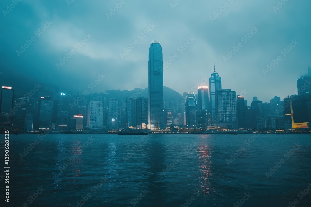Cinematic low angle view of illuminated skyscrapers in a misty city night, Cinematic low shot of City Skyscrapers Cinematic low angle view of illuminated skyscrapers in a misty city night, Cinematic low shot of City Skyscrapers