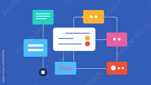 Chatbot Conversation Flow An illustration showing a flowchart on a large screen depicting the conversation paths a chatbot can take with developers pointing and discussing.