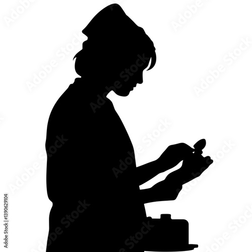 Nurse silhouette examining medical tools against a plain background  