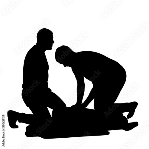 Medical Emergency Rescuers Performing CPR Silhouettes  