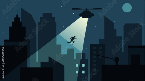 Nighttime Cityscape The helicopter appears above a glowing city spotlight aimed at a figure trying to escape through a dark alleyway.