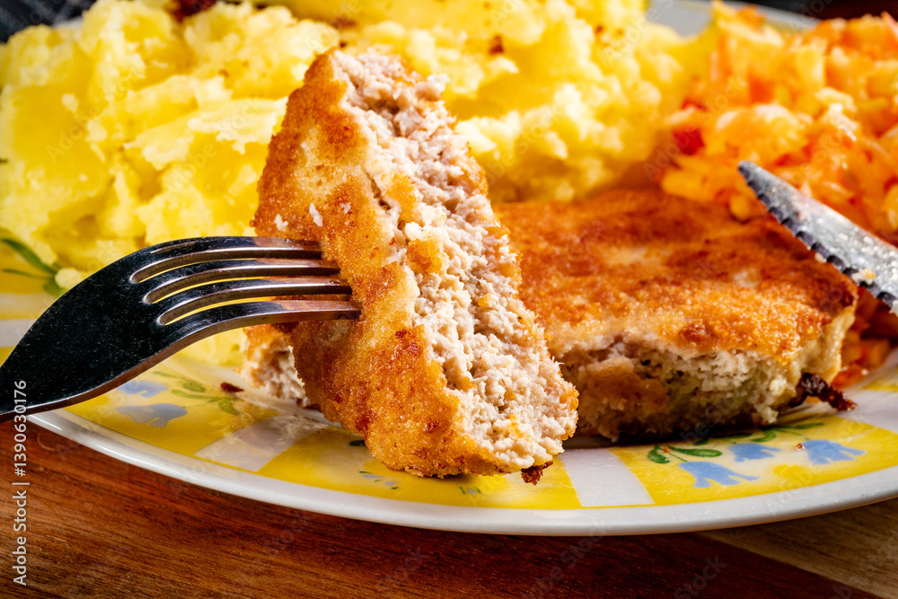 Minced chicken cutlet served with mashed potatoes and salad.