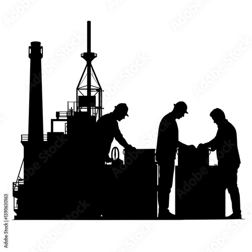 Labor Day Silhouettes of Workers Handling Equipment at a Factory  