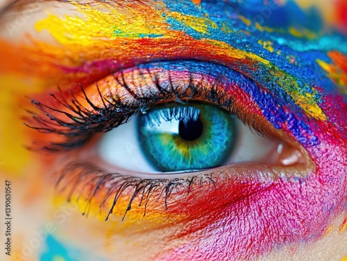 Vibrant multicolored paint around striking blue-green eye - close-up artistic portrait
