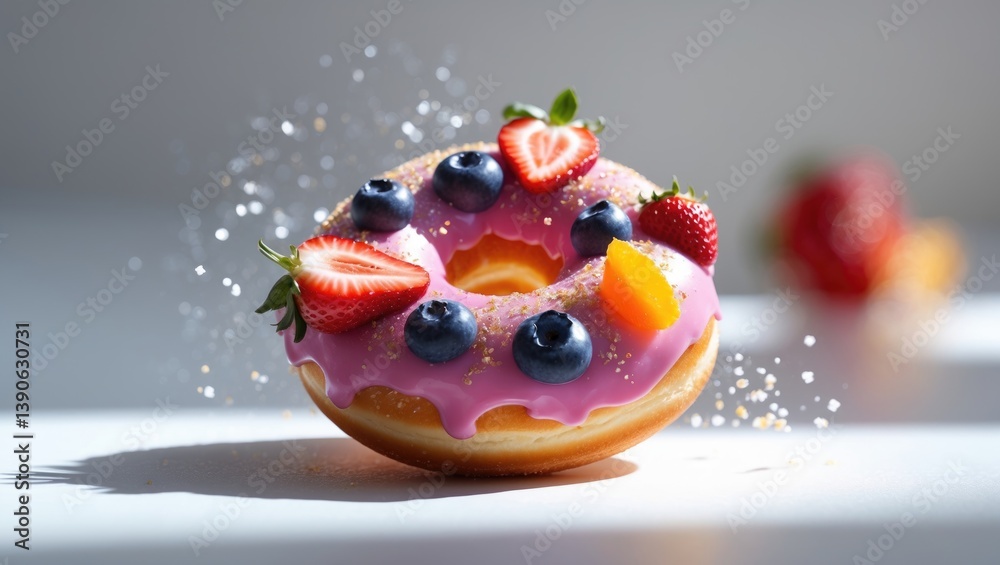 Vibrant, sweet donut in motion featuring colorful fruit icing and sprinkles, placed against a white background.