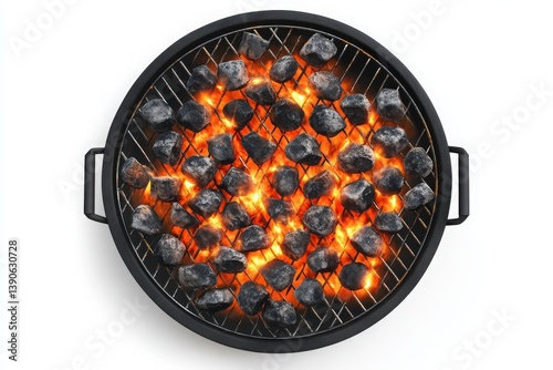 Close up of a charcoal grill with burning coals on a white surface