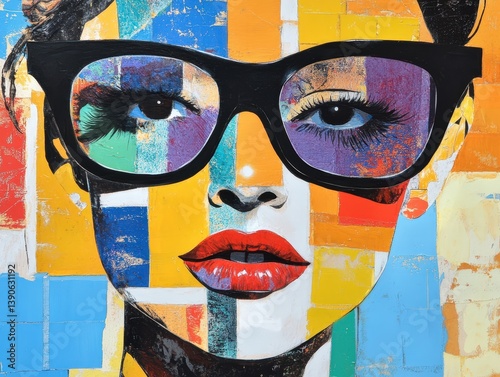 Stylized geometric portrait of woman with bold glasses in vibrant patchwork colors