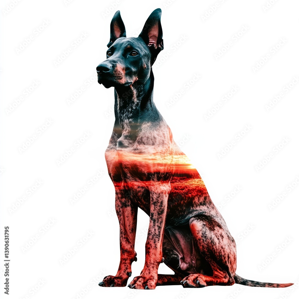 Majestic Canine: A Doberman's Silhouette Merged with a Fiery Sunset - Striking Double Exposure Art Piece