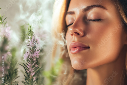 A woman is sitting in front of a plant with a flower on it