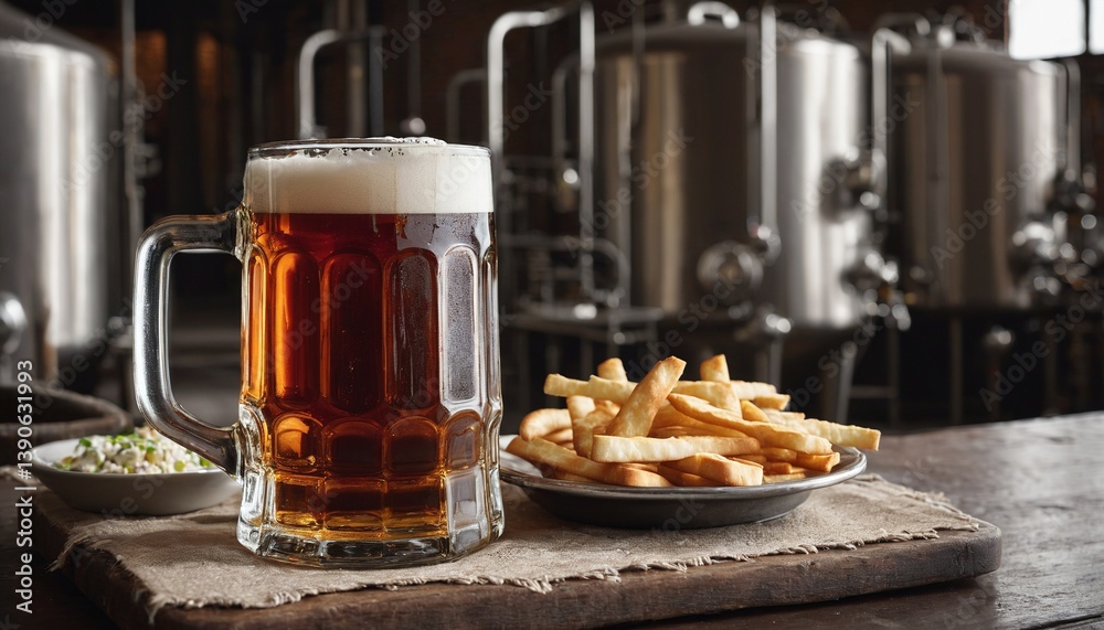 Cold beer in glass and snacks food on counter desk wooden old table. Generated AI
